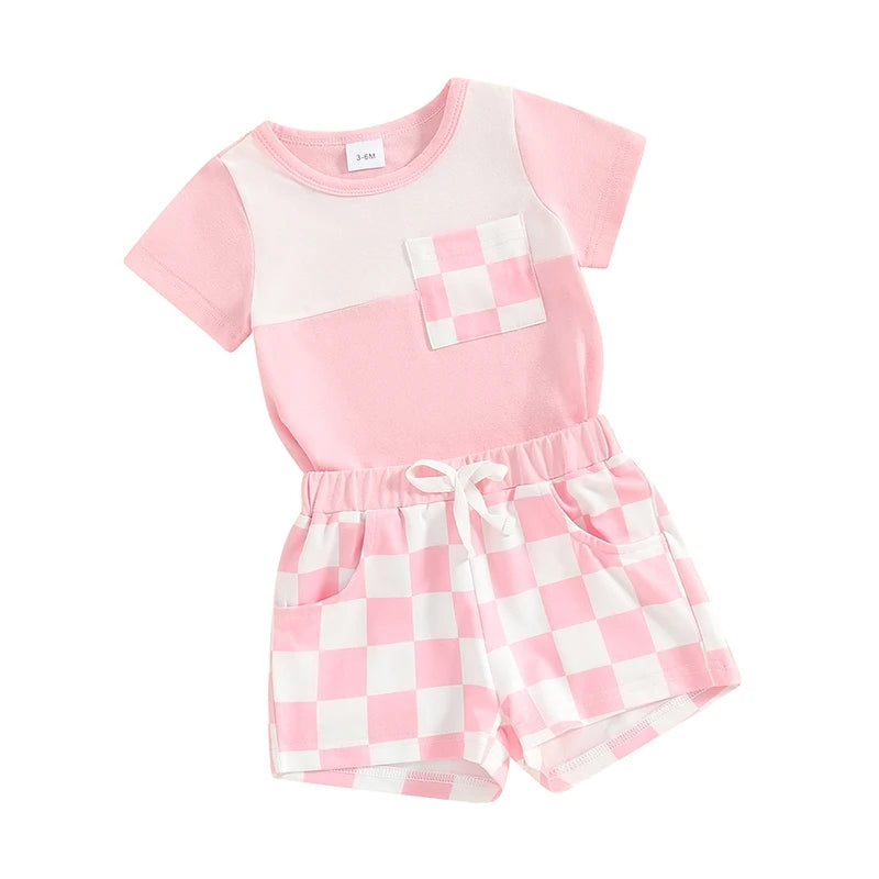 Baby Toddler Girl 2Pcs Shorts Outfit Checkered Print Short Sleeve Pocket Top with Checker Elastic Waist Shorts Set