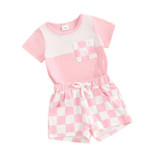 Load image into Gallery viewer, Baby Toddler Girl 2Pcs Shorts Outfit Checkered Print Short Sleeve Pocket Top with Checker Elastic Waist Shorts Set
