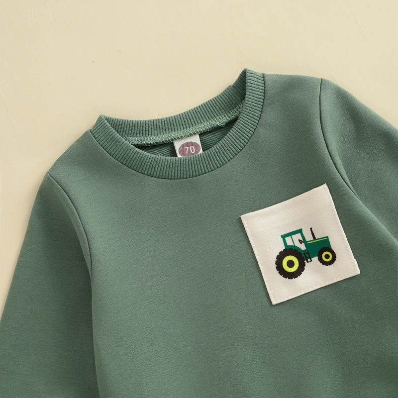 Baby Toddler Boy 2Pcs Spring Outfit Tractor Long Sleeve Crewneck Top Long Pants Jogger Set Farm Clothes