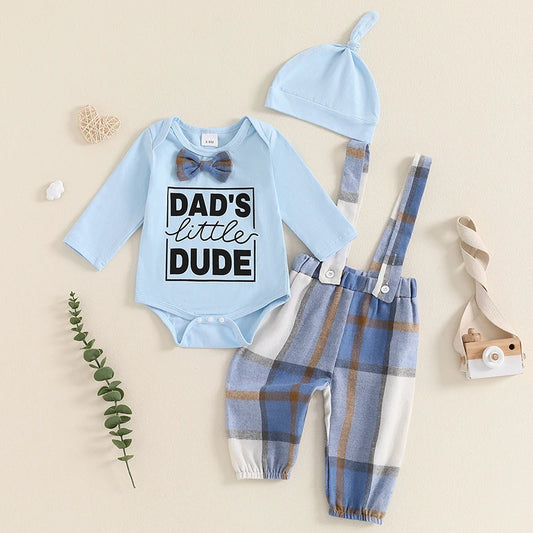 Baby Boys 3Pcs Dad's Little Dude Outfit Letter Print Long Sleeve Romper Plaid Suspender Pants Hat Set for Fall