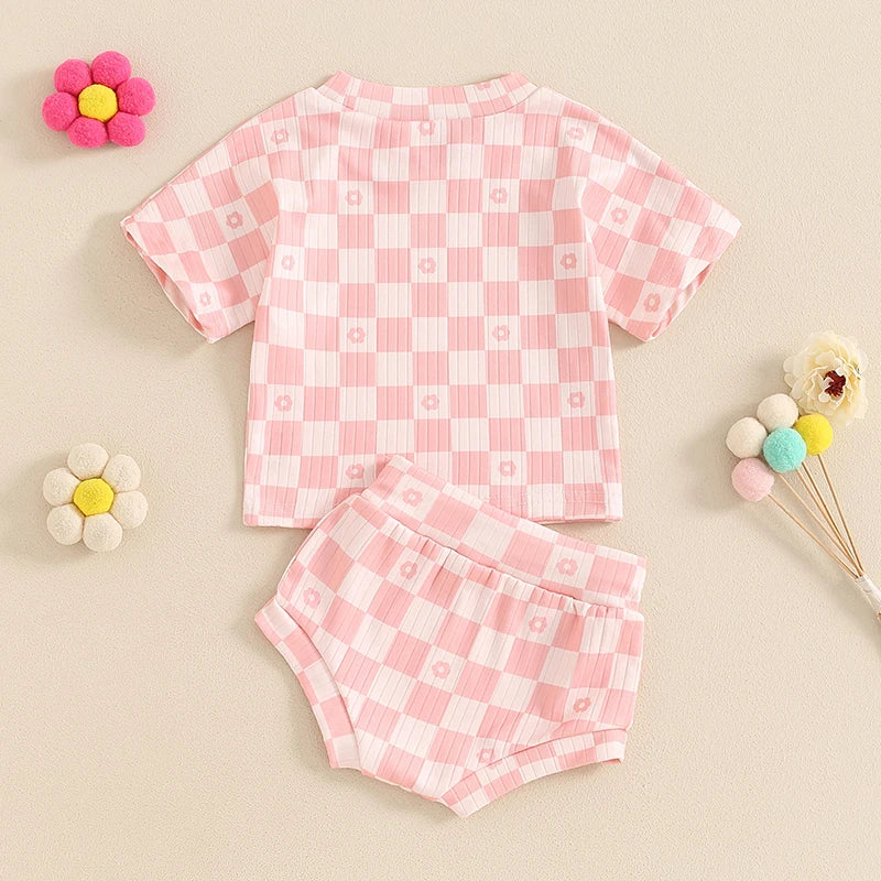 Baby Toddler Girls 2Pcs Summer Set Short Sleeve Checkerboard Flower Print Top Shorts Bloomers Outfit