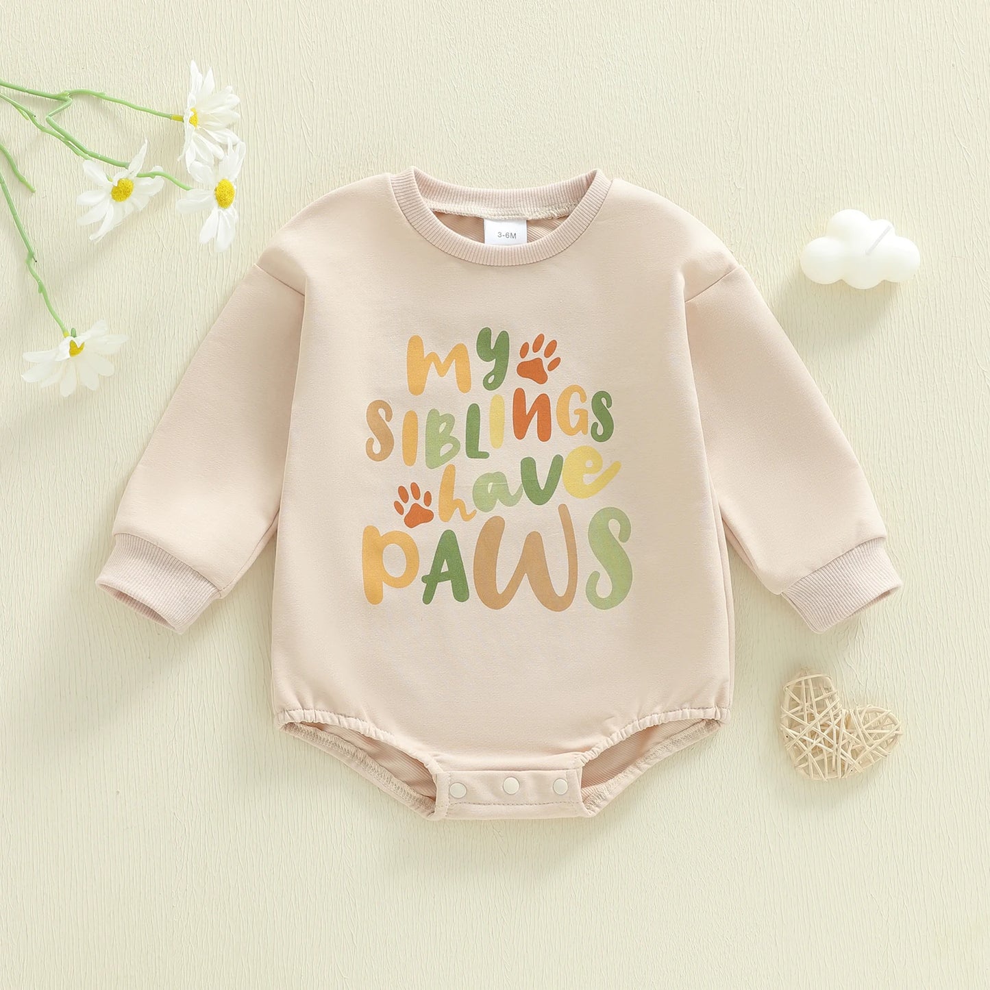 Baby Boy Girl Bubble Romper My Siblings Have Paws Letter Print Long Sleeve Crew Neck Jumpsuit Casual Winter Fall Clothes