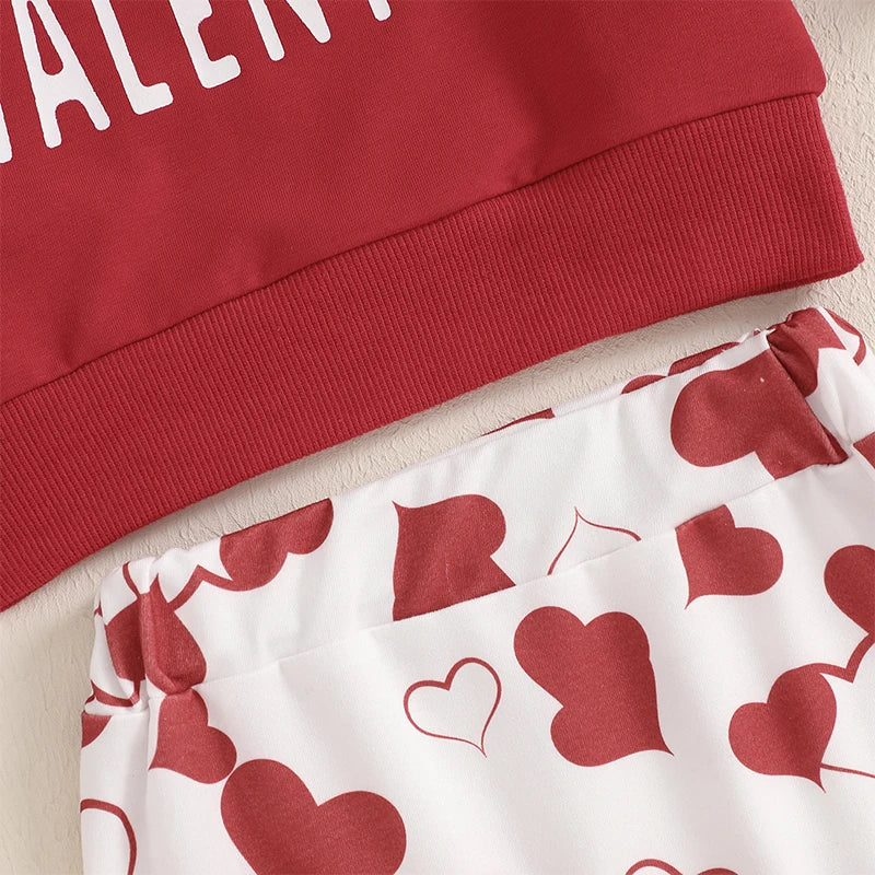 Baby Toddler Girls 3Pcs Valentine's Day Outfit Hello Valentine Letter Print Crew Neck Long Sleeve Top Heart Print Long Jogger Pants Headband Bow Valentines Set