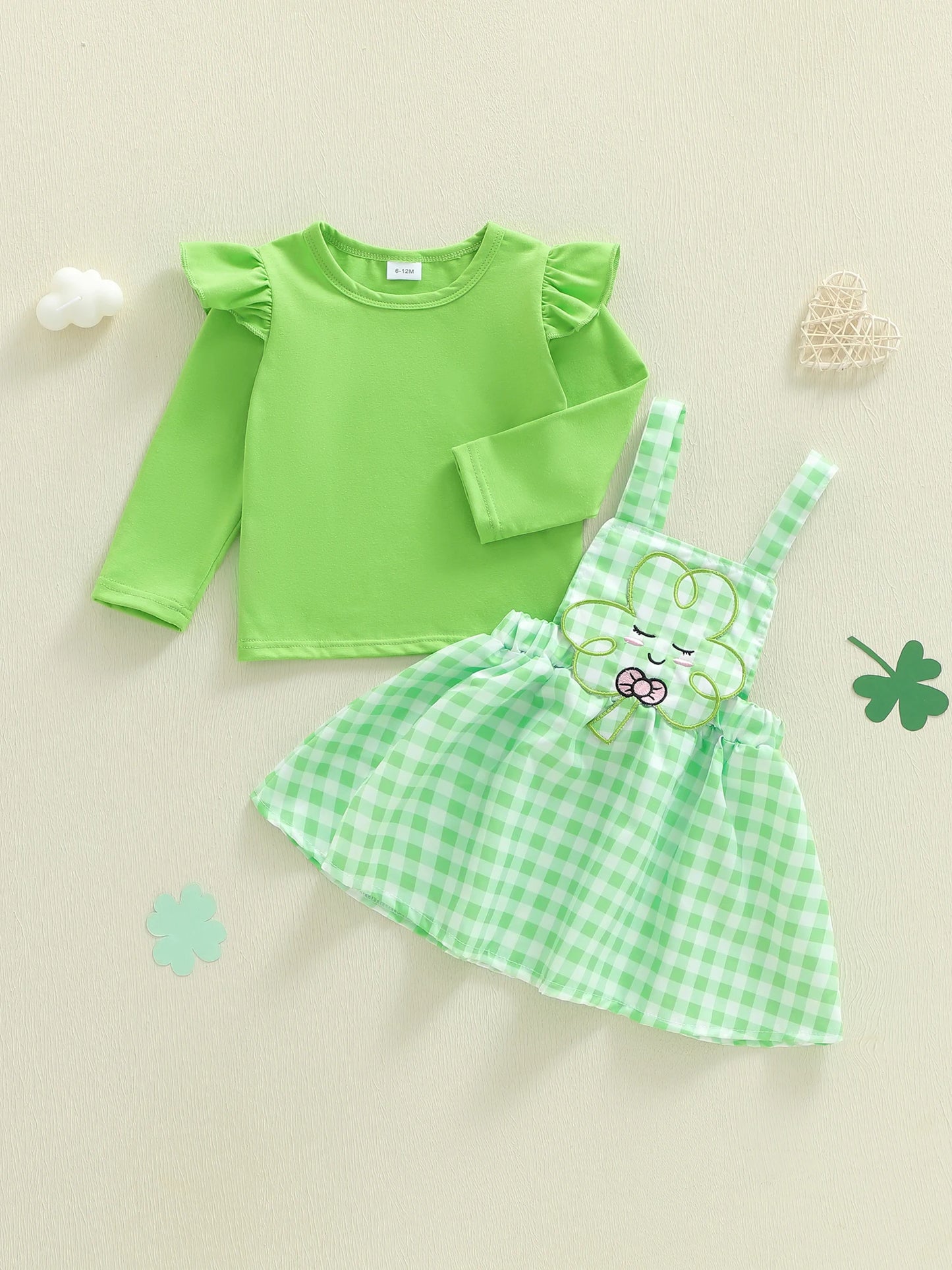 Baby Toddler Girls 2Pcs St. Patrick's Day Outfits Solid Color Long Sleeve Top Shamrock Embroidery Plaid Suspender Overalls Skirt Dress Two Piece Set