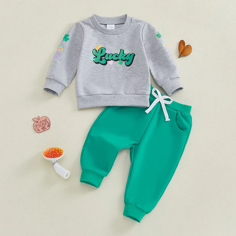 Baby Toddler Girls Boys 2Pcs Be Mine / Lucky Valentine's Day & St. Patrick's Day Outfit Letter Print Long Sleeve O-Neck Top with Solid Long Pants Valentines Jogger Set