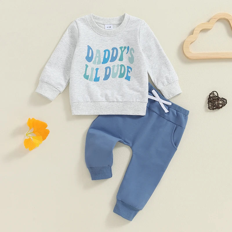 Baby Toddler Boys 2Pcs Dad's Little Dude Fall Outfit Letter Print Long Sleeve Round Neck Top and Solid Color Pants Set