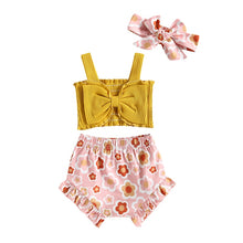 Load image into Gallery viewer, Infant Baby Girls 3Pcs Clothes Outfit Solid Ribbed Bowknot Tank Tops Floral Print Shorts Headband
