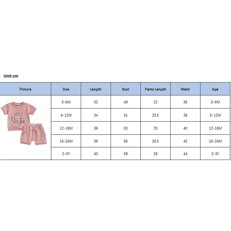 Toddler Baby Girls 2Pcs Little Sister Shorts Set Short Sleeve Letters Print Top + Elastic Waist Shorts Summer Outfit