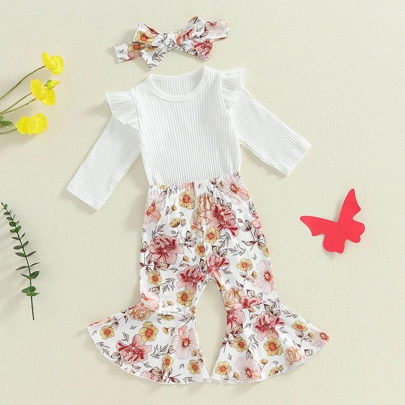 Baby Girls 3Pcs Fall Outfit Long Sleeve Ribbed Romper with Floral Flower Print Flare Pants and Headband Set