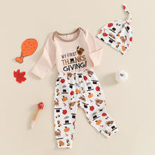 Load image into Gallery viewer, Baby Toddler Boys Girls 3Pcs My First Thanksgiving / Gobble Outfit Letter Turkey Print Long Sleeve Romper Long Pants Hat 3Pcs Clothes Set
