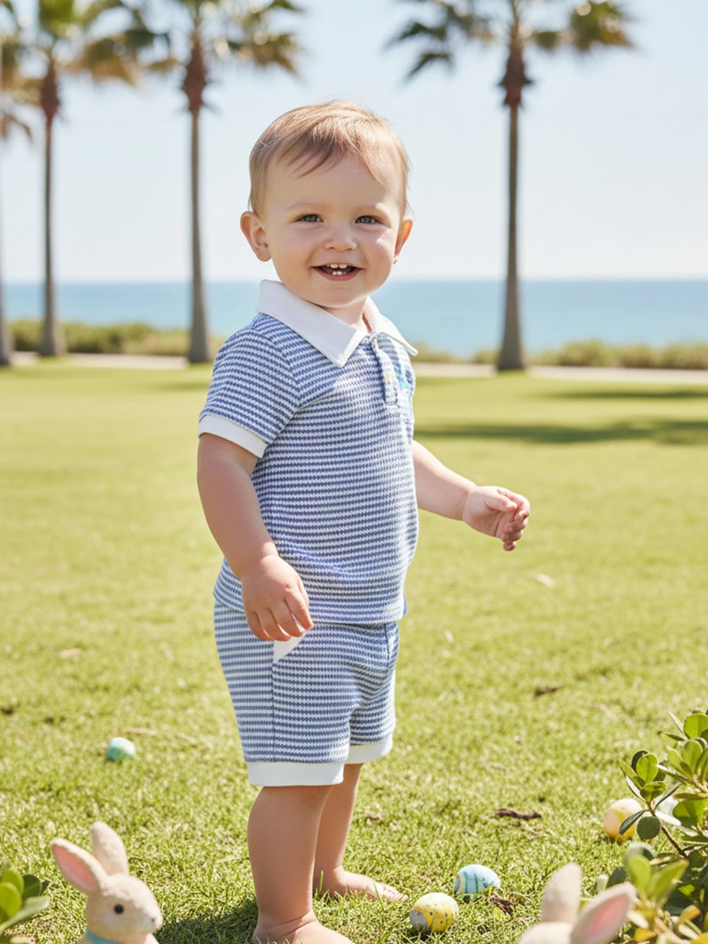 Baby Toddler Boys 2Pcs Easter Outfit Fashionable Striped Short Sleeve Carrot Cross Embroidery Top with Shorts 2Pcs Clothing Set