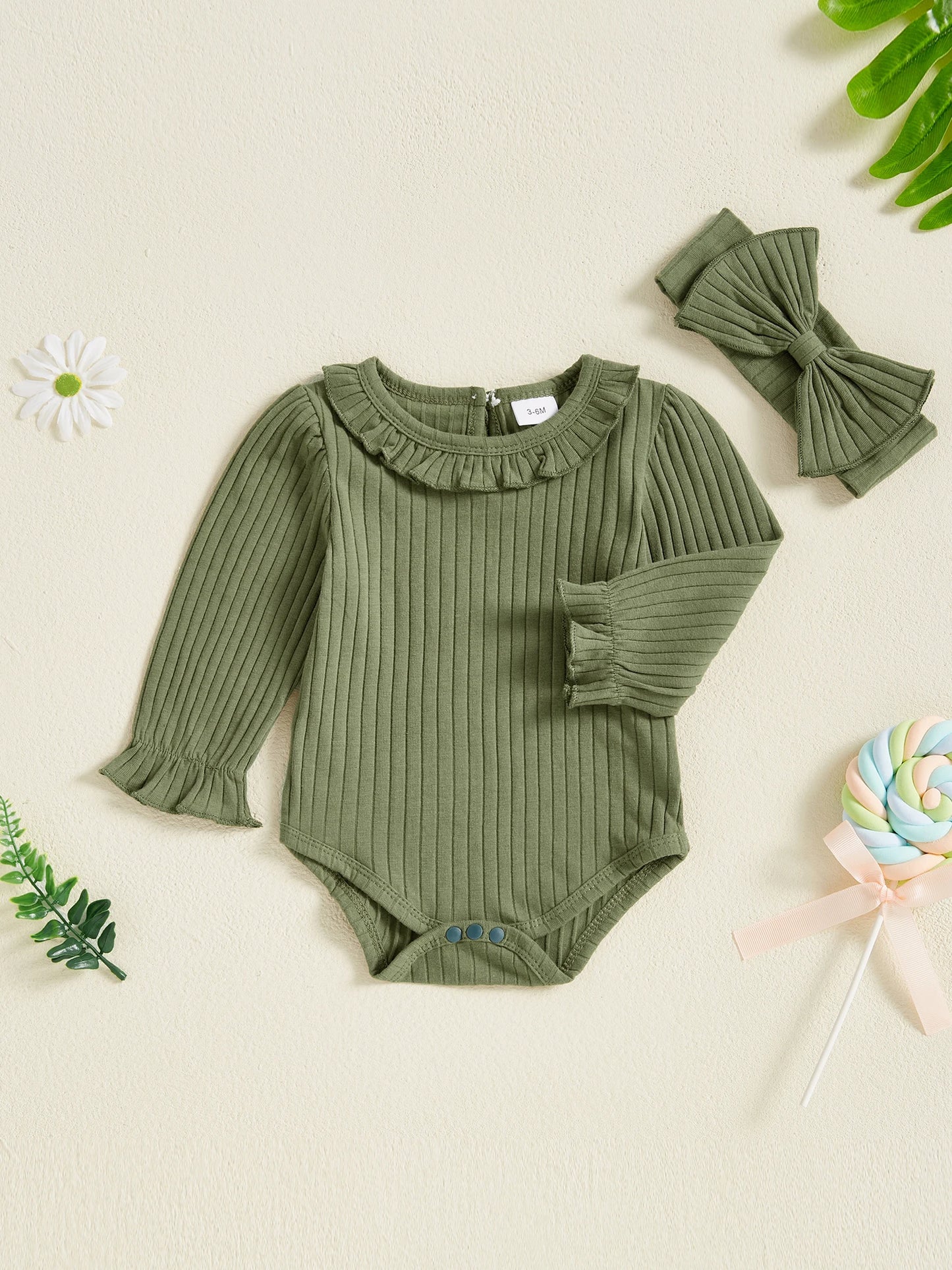 Baby Girl 2Pcs Spring Outfit Long Puff Sleeve Solid Color Bodysuit with Headband Set Infant Clothes