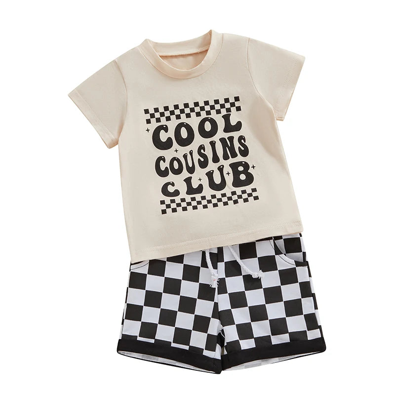 Baby Toddler Boy 2Pcs Cool Cousins Club Letter Print Top and Checkered Shorts Clothing Set Outfit