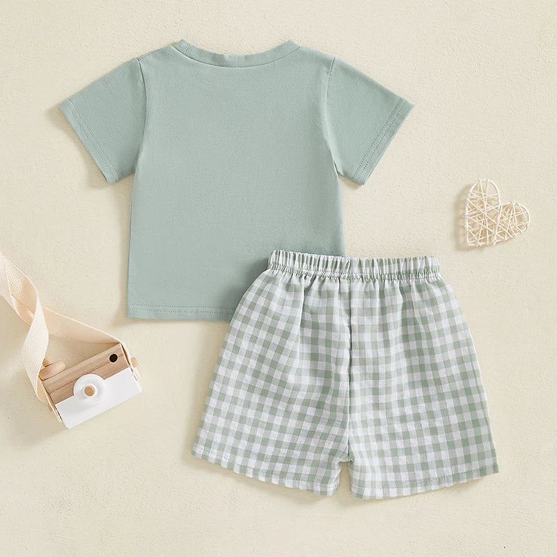 Baby Toddler Boys 2Pcs Summer Spring Outfit Pocket Round Neck Short Sleeve Top with Plaid Pattern Shorts Set