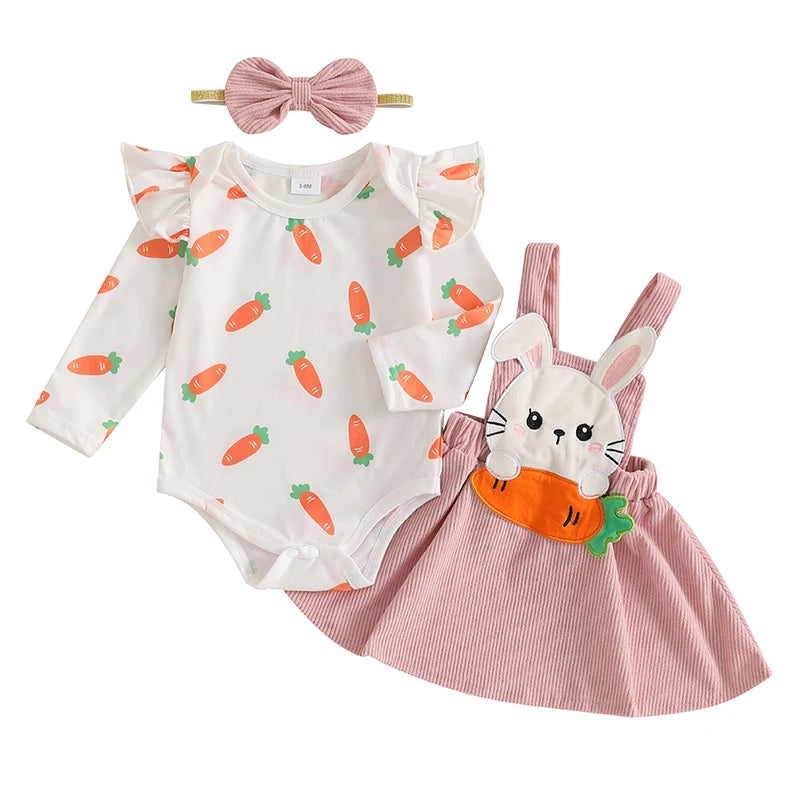 Baby Girls 3Pcs Easter Outfit Long Sleeve Carrot Print Romper Bunny Rabbit Carrot Embroidery Suspender Skirt Dress Headband Bow Set