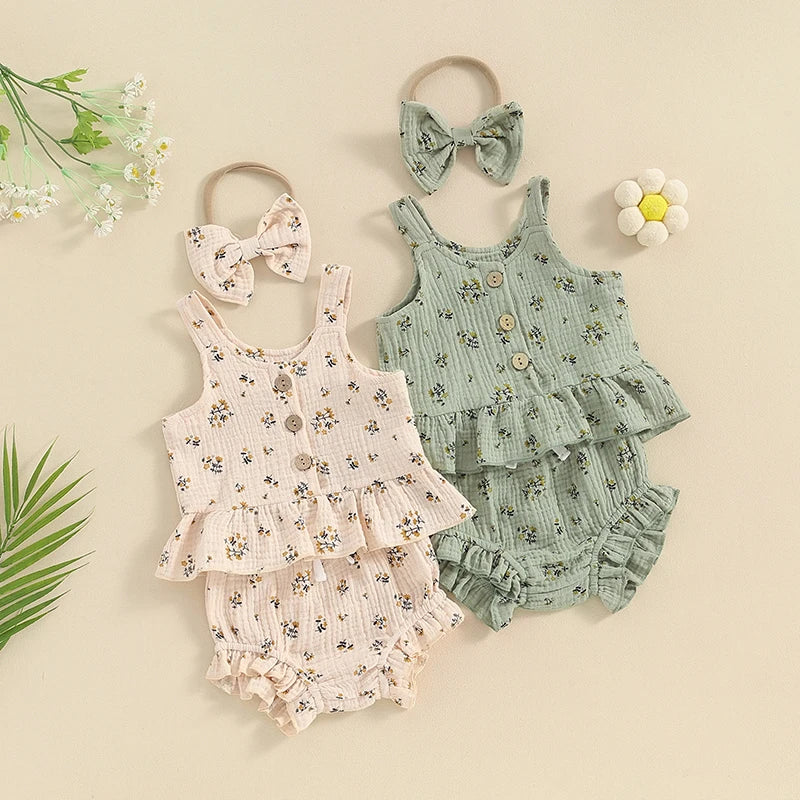 Baby Toddler Girls 3Pcs Summer Set Round Neck Floral Print Tank Top Elastic Waist Frill Trim Shorts Headband 3Piece Outfit