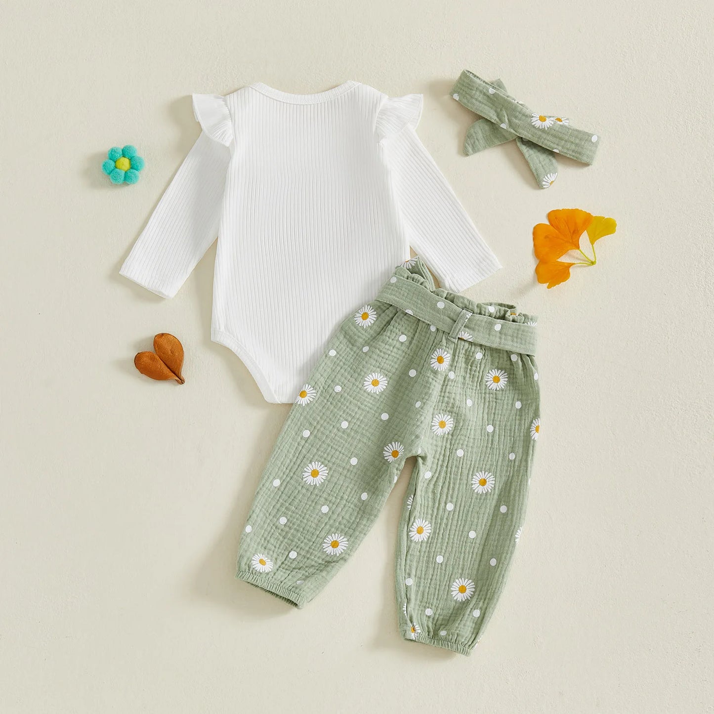 Baby Toddler Girls 3Pcs Daddy's Girl Fall Outfit Letter Embroidery Long Sleeve Romper Daisy Print Pants with Belt and Headband Set