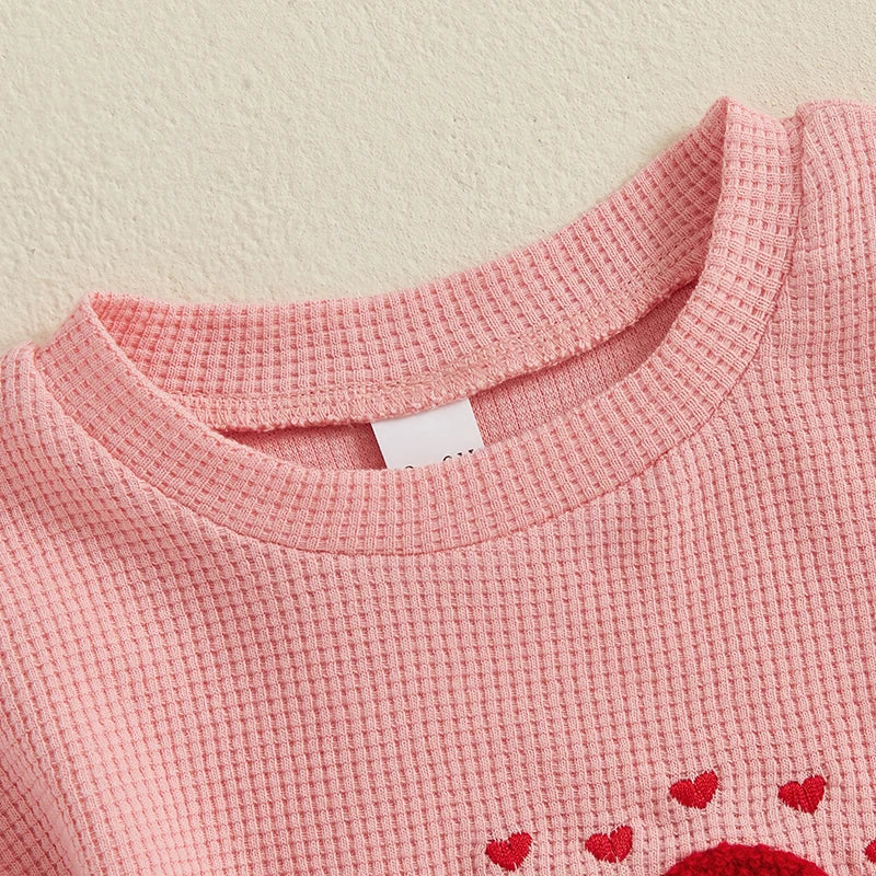 Baby Toddler Girls Waffle Romper Heart Valentines Embroidery Long Sleeve Jumpsuits Valentine's Day