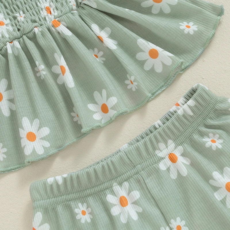 Baby Toddler Girls 3Pcs Outfit Sleeveless Daisy Flower Print Baby Doll Tank Top Shorts Headband Set