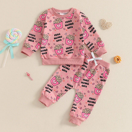 Baby Toddler Girls 2Pcs Fries Before Guys Valentine's Day Outfit French Fries Print Long Sleeve Crewneck Top and Elastic Waist Pants Jogger Set