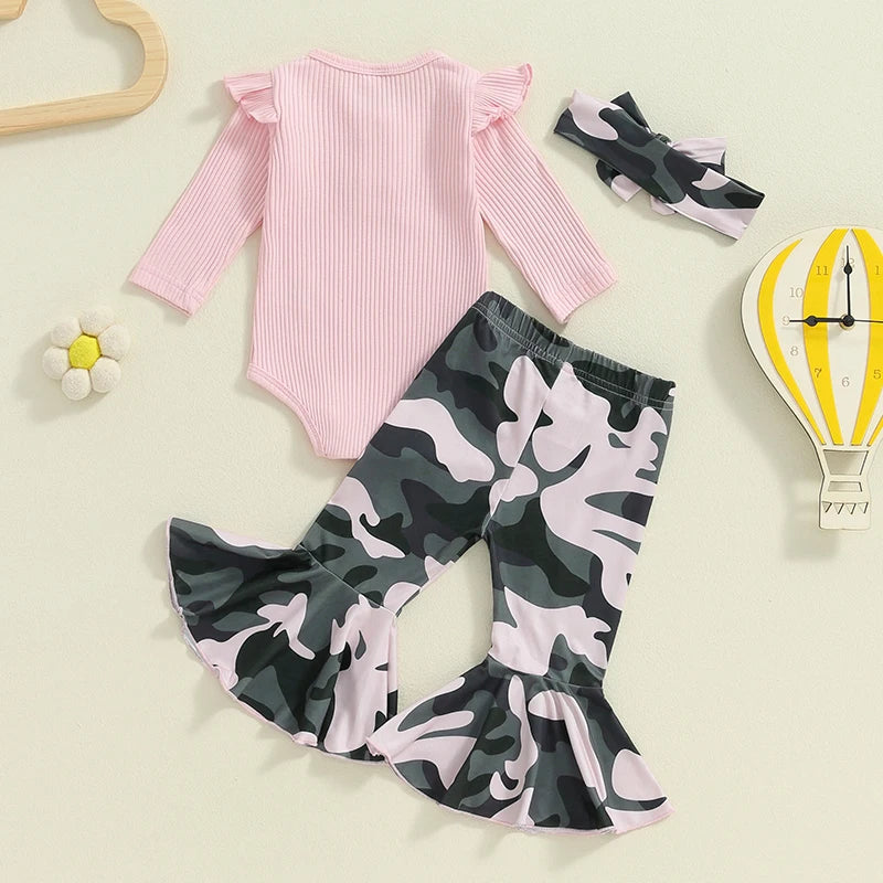 Baby Girls 3Pcs Fall Outfit Long Sleeve Ribbed Solid Color Romper Camouflage Print Flared Long Pants Headband Set