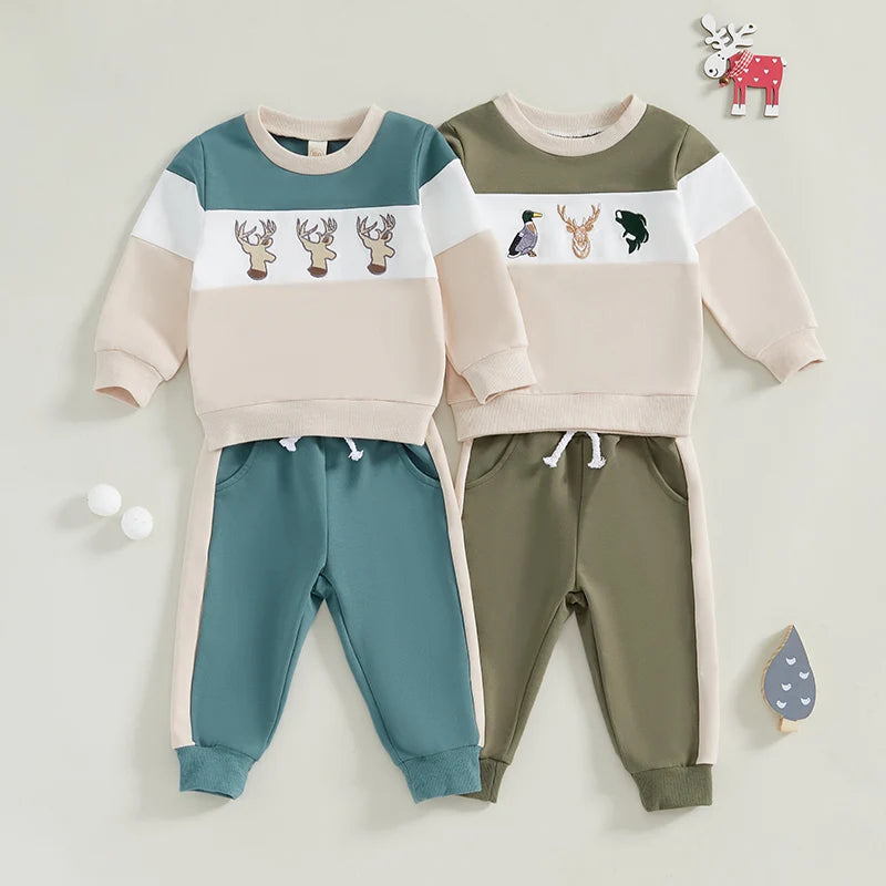 Baby Toddler Boy 2Pcs Christmas Winter Jogger Set Reindeer Whale Deer Duck Embroidery Long Sleeve Crewneck Pocket Long Pants Contrast Outfit