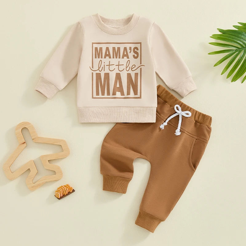 Baby Toddler Boys 2Pcs Fall Clothes Mama's Little Man Letter Print Long Sleeve Top and Elastic Pants Outfit Set