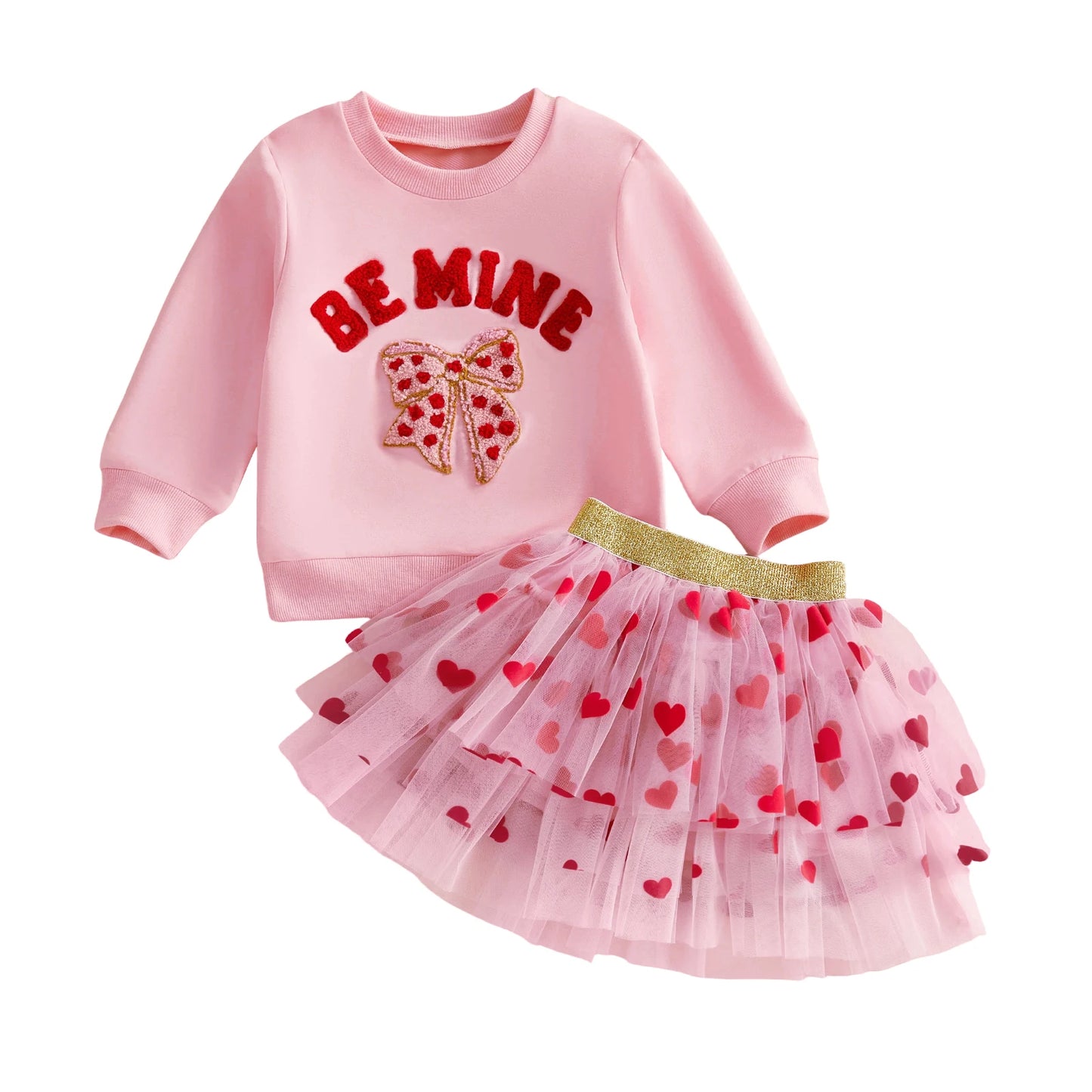 Baby Toddler Girls 2Pcs Be Mine Valentine's Day Outfit Letter Bow Embroidered Long Sleeve Top and Heart Print Mesh Tutu Skirt Set