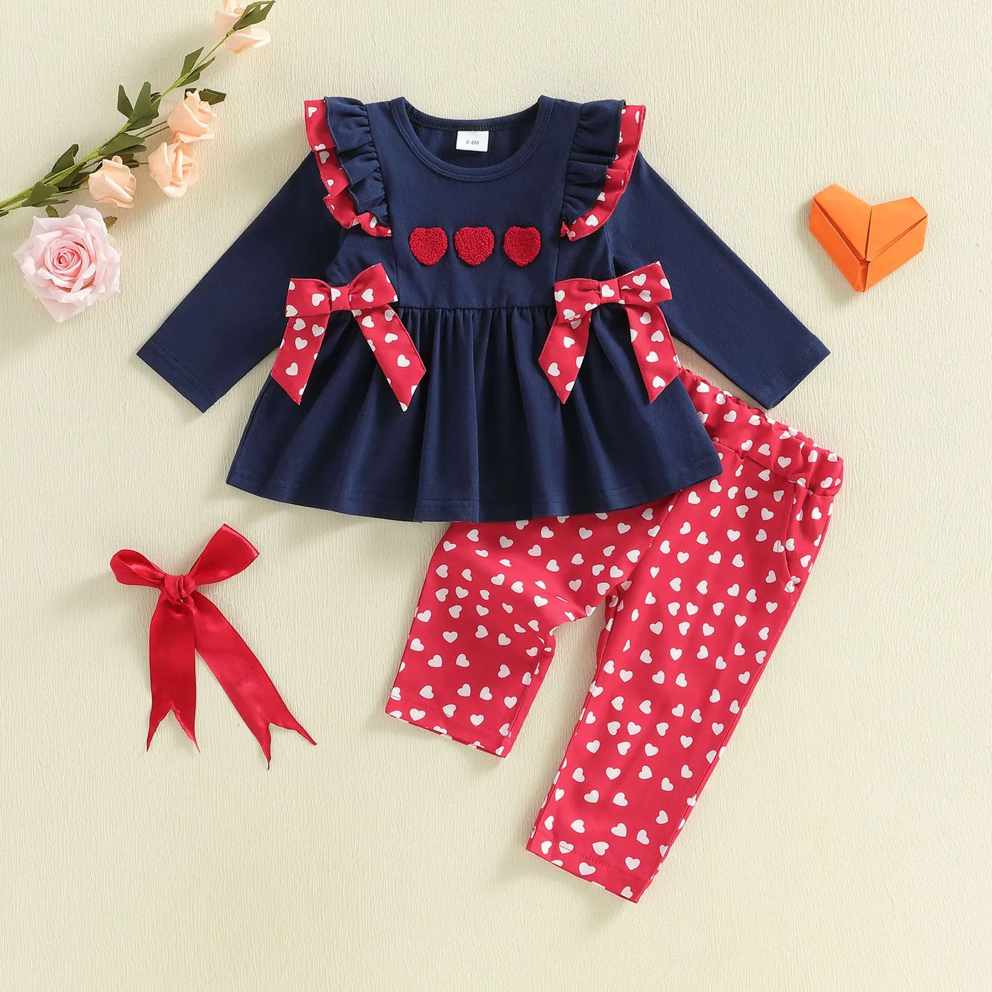 Baby Toddler Girls 2Pcs Valentine's Day Outfit Bows Heart Pattern Ruffled Trim Long Sleeve Top and Pants Set