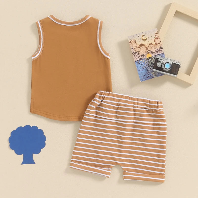 Baby Toddler Boys 2Pcs Summer Outfit Pocket Sleeveless Tank Top and Stripe Elastic Waist Shorts Clothes Set