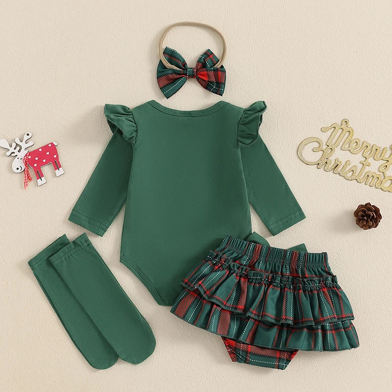 Baby Toddler Girls 4Pcs My 1st Christmas / Santa Baby First Outfit Letter Reindeer Ruffle Long Sleeve Romper Plaid Layered Ruffle Shorts Skirt Bloomers Socks Headband Bow Set