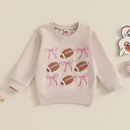 Toddler Kids Girls Bow Football Embroidered Crew Neck Long Sleeve Pullovers Fall Top