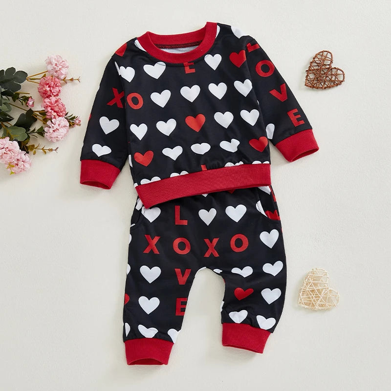 Baby Toddler Boys Girls 2Pcs Valentine's Day Outfit Heart Letter XOXO Love Long Sleeve Crewneck Top and Elastic Pants Valentines Jogger Set