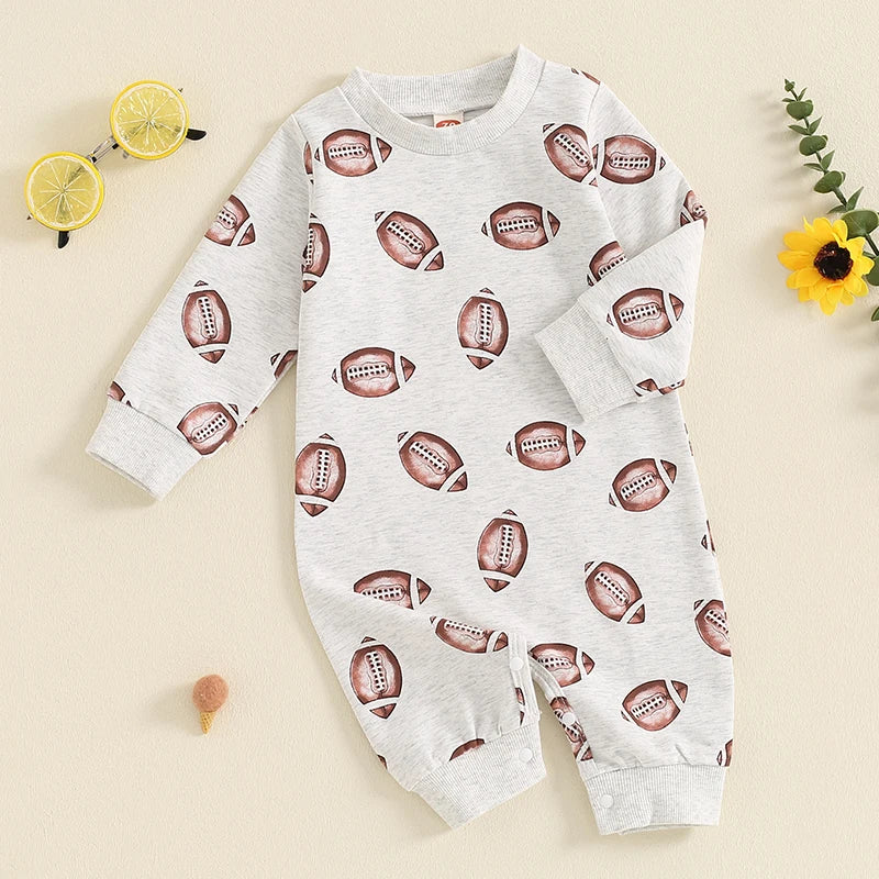 Baby Boys Girls Jumpsuit Long Sleeve Round Neck Football Print Romper