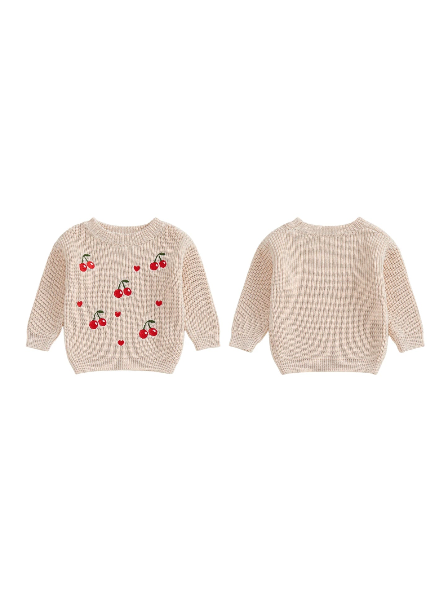 Toddler Kids Boys Girls Valentines Day Knit Sweater Fashionable Heart Cherry Embroidery Crew Neck Long Sleeve Tops