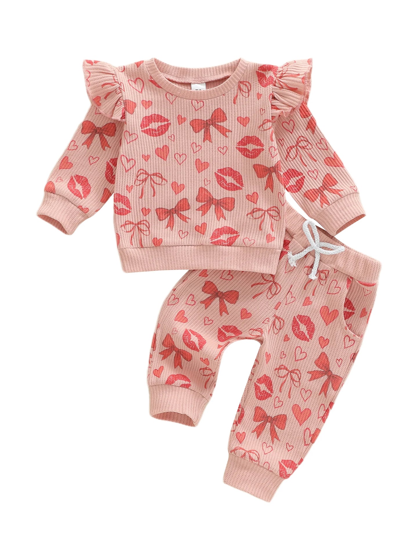 Baby Toddler Girls 2Pcs Valentine's Day Outfit Heart Bow Kiss Print Long Sleeve Crew Neck Top and Elastic Waist Pants Jogger Set