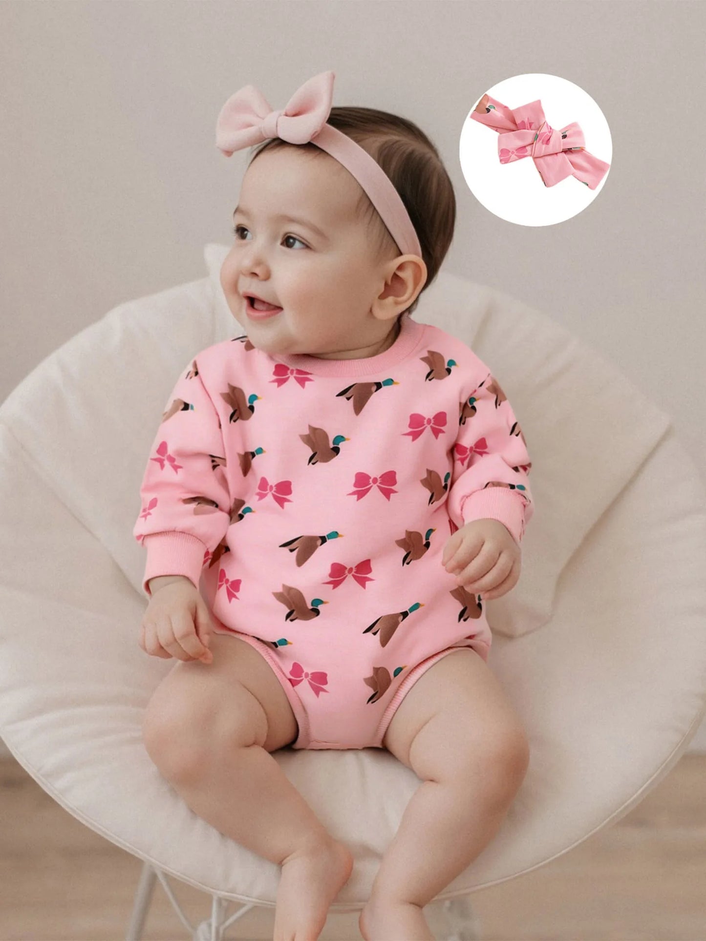 Baby Girls 2Pcs Romper Round Neck Duck and Bow Print Long Sleeve Jumpsuit with Headband Set