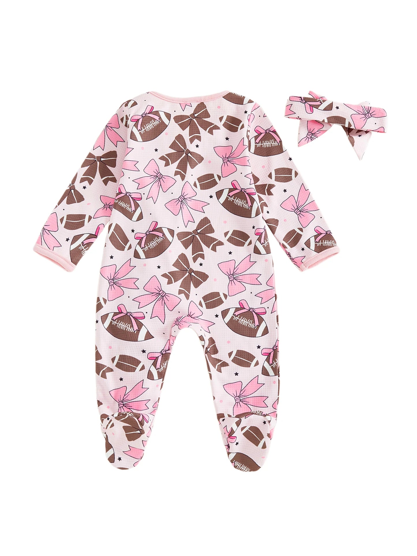 Baby Girl 2Pcs Footed Romper Fashionable Bow and Football Print Ruffled Long Sleeve Jumpsuit with Headband Set