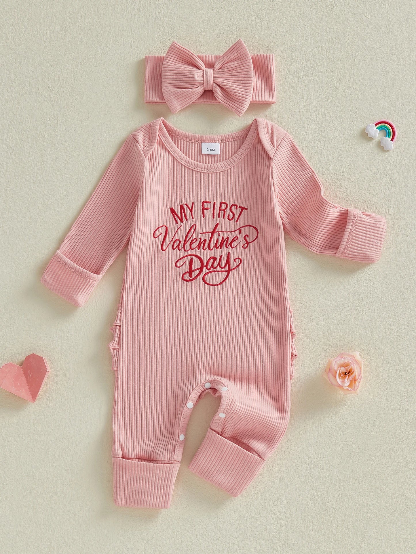 Baby Girls 2Pcs My 1st Valentine's Outfit Letter Embroidered Long Sleeve Romper and Bow Headband Set