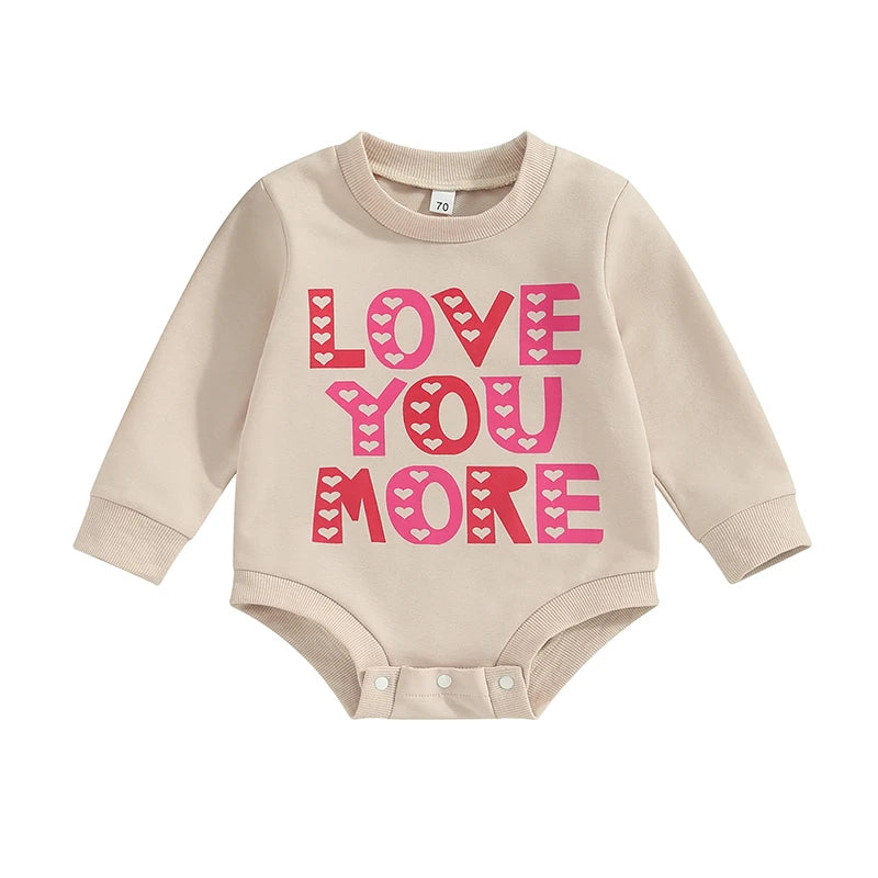 Baby Toddler Girls Valentine's Day Jumpsuit Letter LOVE YOU MORE Heart Print O-Neck Long Sleeve Bubble Romper