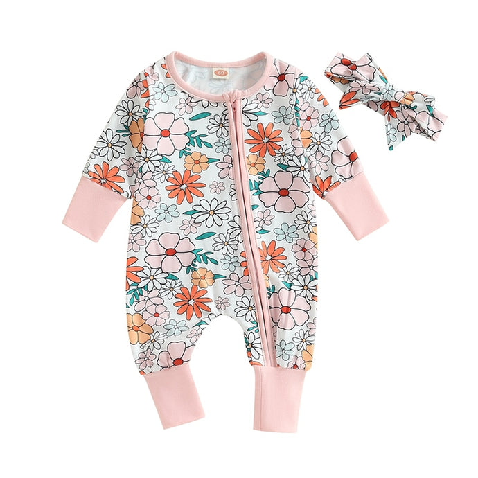 Baby Girl 2 Pcs Daisy Flower Print Crew Neck Long Sleeve Zipper Jumpsuits Romper