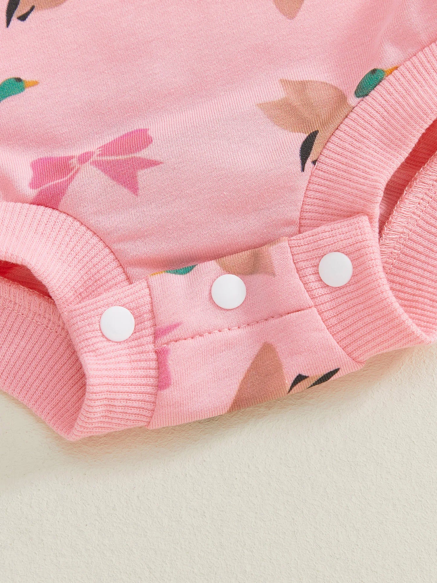 Baby Girls 2Pcs Romper Round Neck Duck and Bow Print Long Sleeve Jumpsuit with Headband Set