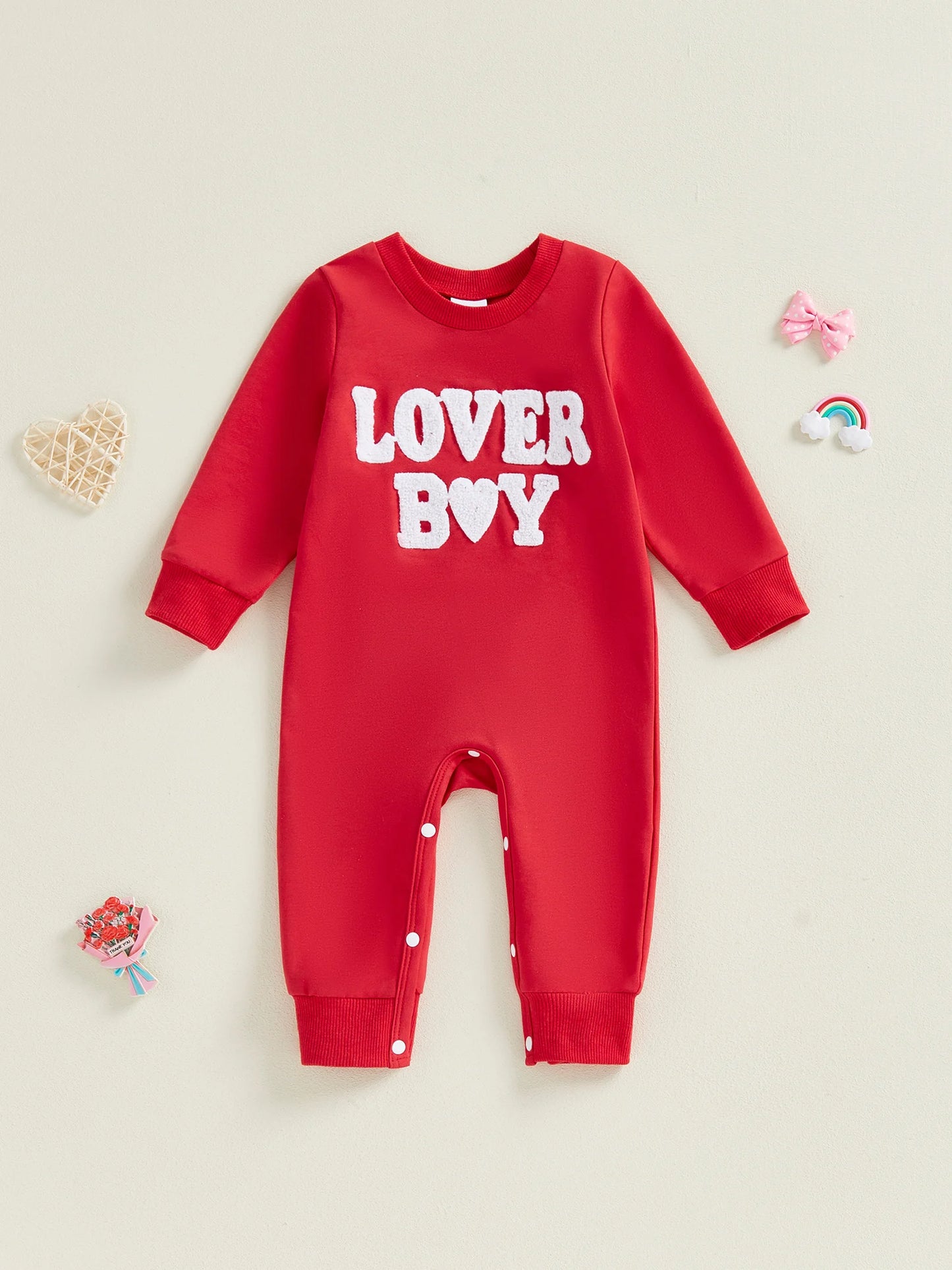 Baby Boy Lover Boy Romper Letter Embroidery Crew Neck Long Sleeve Jumpsuit Valentine's Day