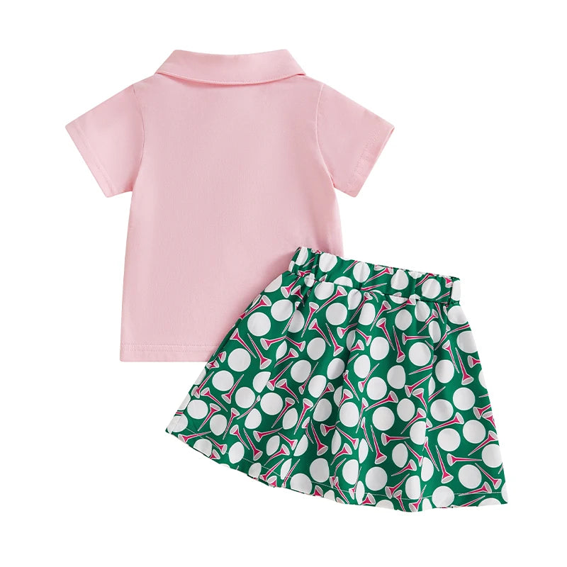 Baby Toddler Girls 2Pcs Summer Outfit Short Sleeve Collar Top and Golf Print A-Line Skirt Set