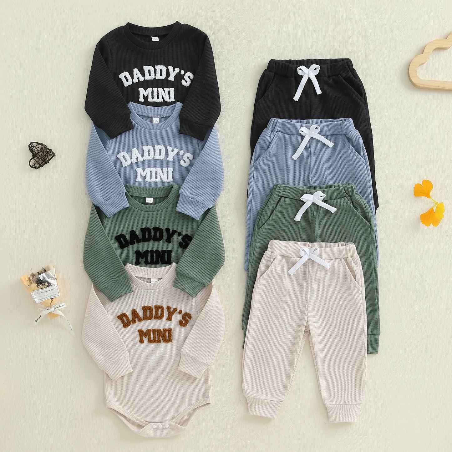 Baby Boy 2Pcs Daddy's Mini Fall Outfit Letter Embroidery Long Sleeve Romper Elastic Waist Jogger Pants 2Pcs Set