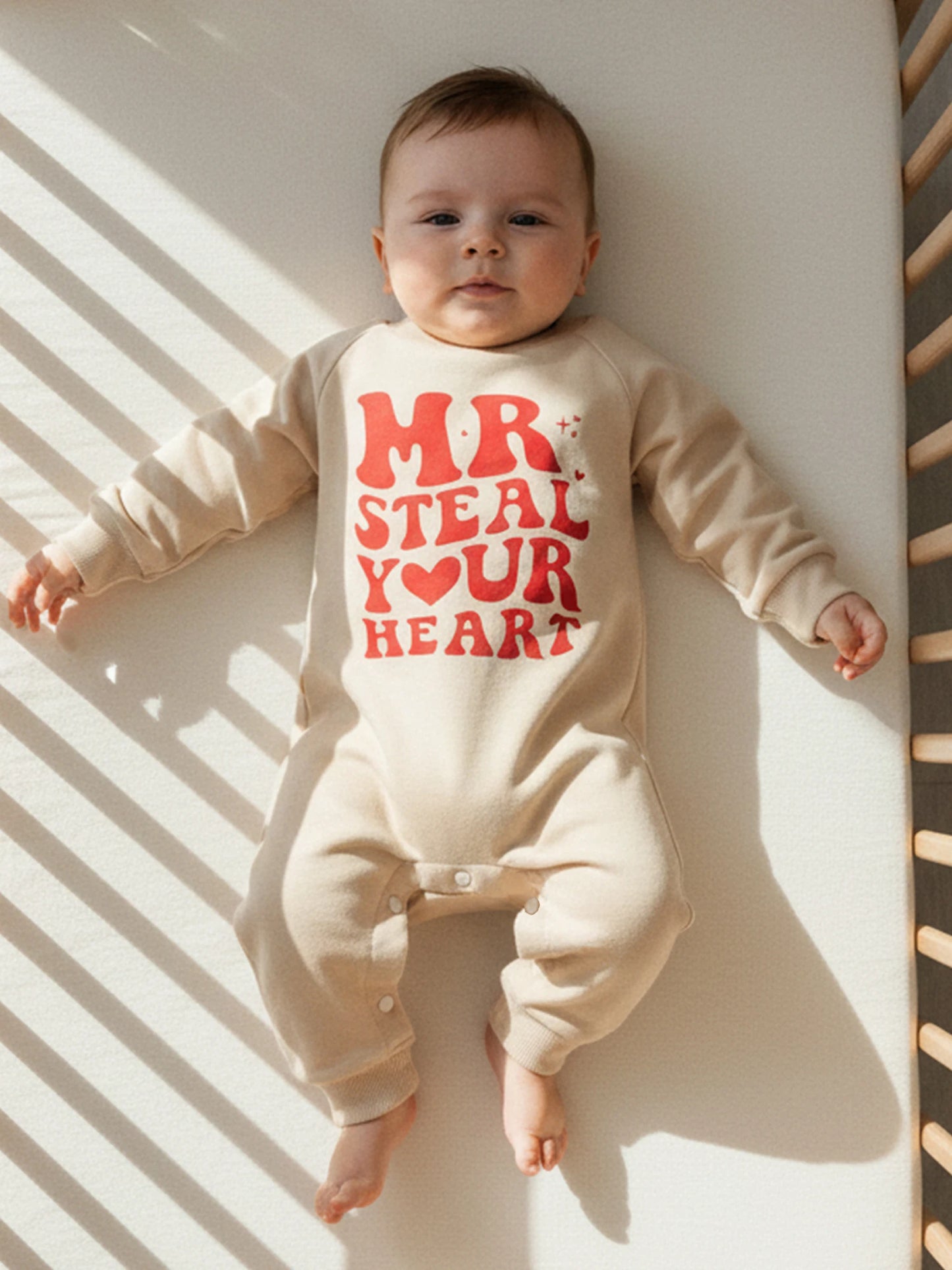 Baby Boy Valentines Romper Mr. Steal Your Heart Fashionable Cute Letters Printed Long Sleeve Jumpsuit