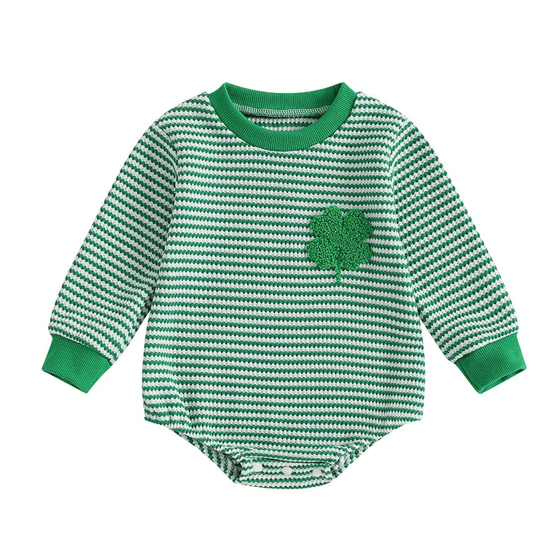 Baby Girls Boys St. Patrick's Day Romper Striped Four Leaf Clover Shamrock Waffle Long Sleeve Round Neck Jumpsuit