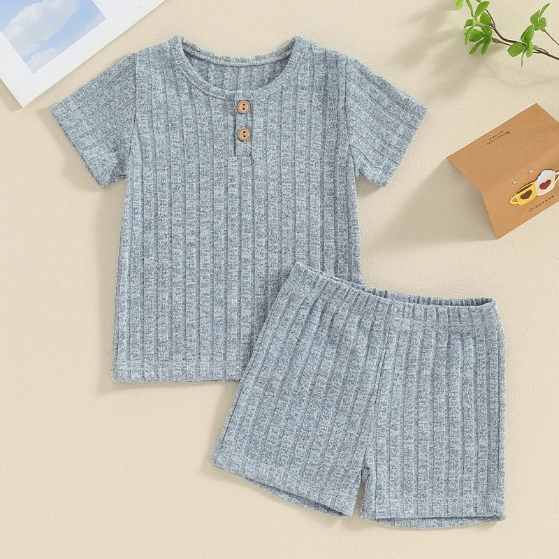 Baby Toddler Boy Girl 2Pcs Summer Clothes Plain Color Ribbed Knit Short Sleeve Button Top Elastic Waist Shorts Set Casual