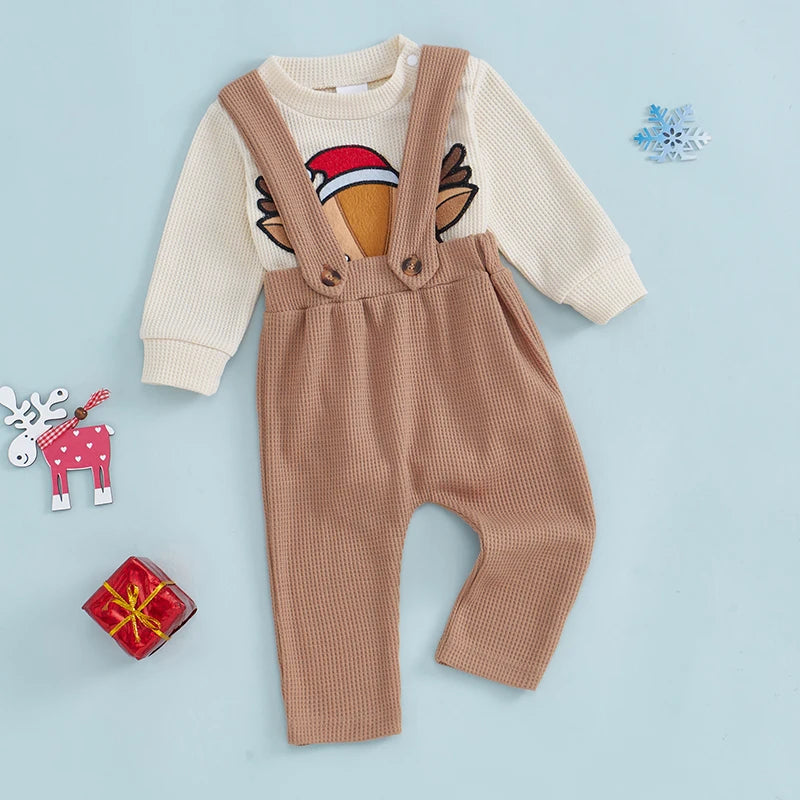 Baby Toddler Boys Girls 2Pcs Christmas Outfit Deer Embroidery Crew Neck Long Sleeve Rompers Suspender Overalls Pants Set