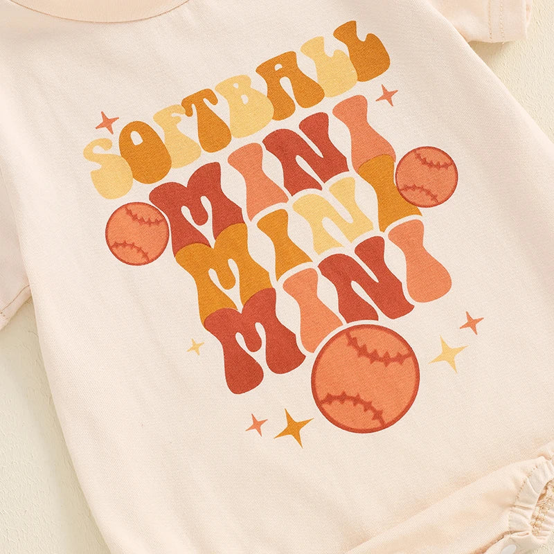 Baby Boys Girls Softball Mini Letter Baseball Print Romper Short Sleeve Round Neck Jumpsuit